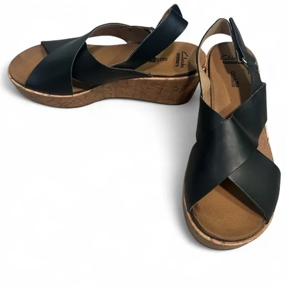 Clark Leather & Cork Wedge Sandals - Picture 1 of 3
